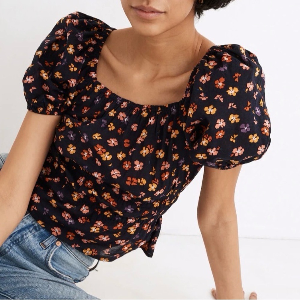 Madewell  Puff-Sleeve Square Neck Smocked-Waist in Aloha Floral Crop Top S